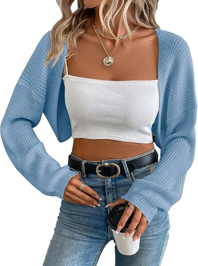 European And American Knitwear Women's Cardigan Shawl Long-sleeved Knitted Short Top - Blue