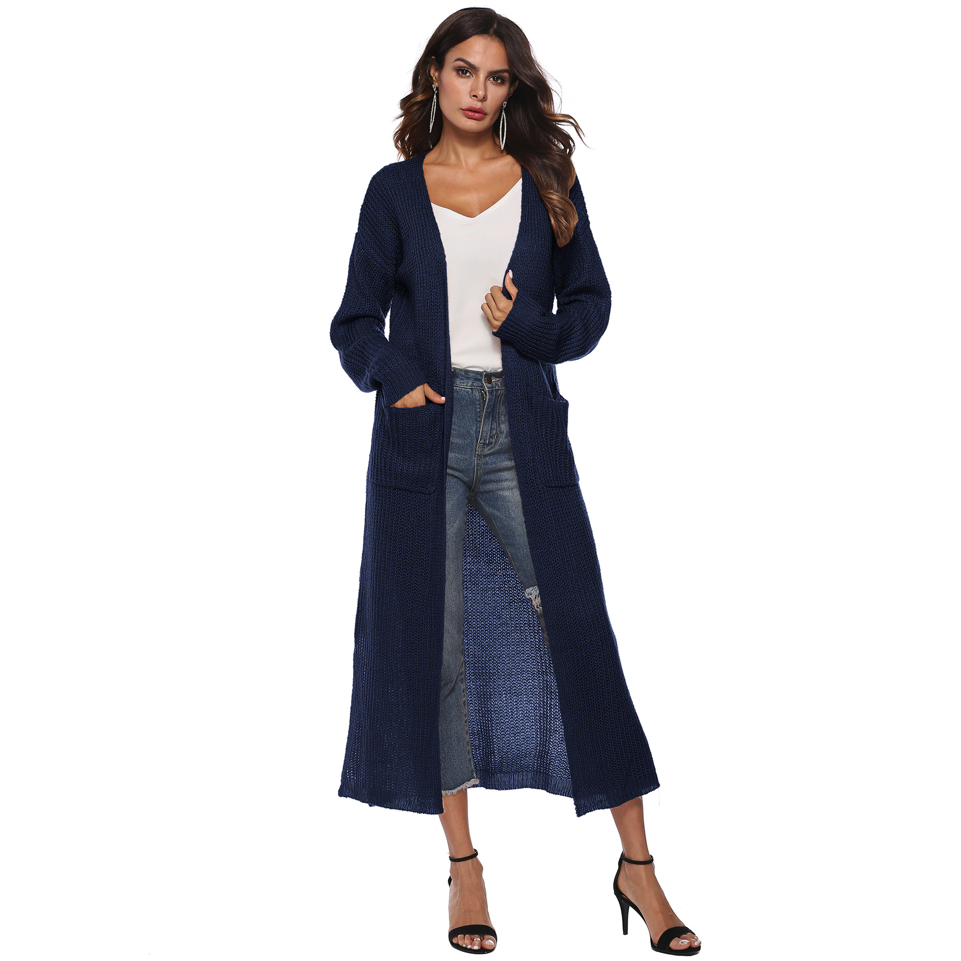 Autumn And Winter New Europe And America Cross Border Women's Long sleeved Sweater Solid Color Cardigan Dress Split Dress Female A8019 Blue - Shop at LoveMi