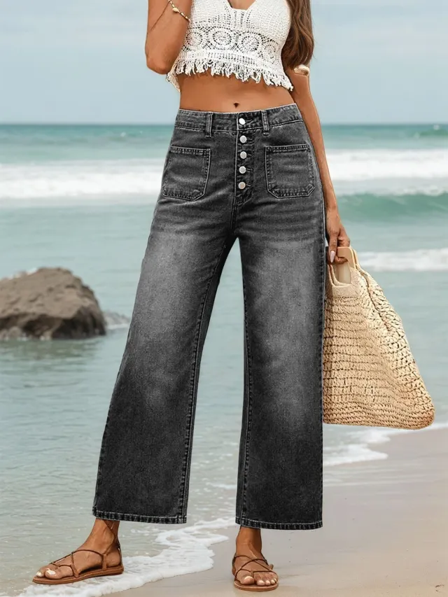 Button Elastic Loose Denim Shorts Black - Shop at LoveMi