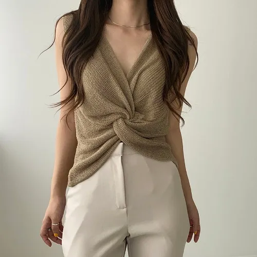 Women's Sleeveless Vest Sweater Top Khaki - Shop at LoveMi