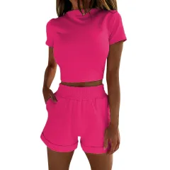 Spring New Women's Clothing Fashion Suit Two-piece Short Sleeve High Waist Cropped Shorts - Rose Red - View 1