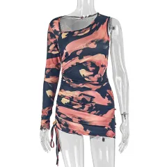 Pleated Long Sleeve Printed Short Dress - Black And Floral - View 1