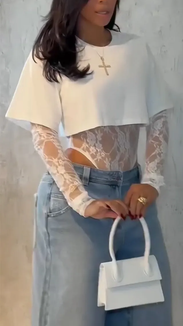 Round neck Long sleeve Irregular Top Lace Jumpsuit Two piece Set White - Shop at LoveMi