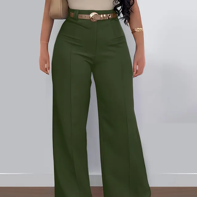 Women's Casual Solid Color Wide Leg Pants Polyester Fabric Armygreen - Shop at LoveMi