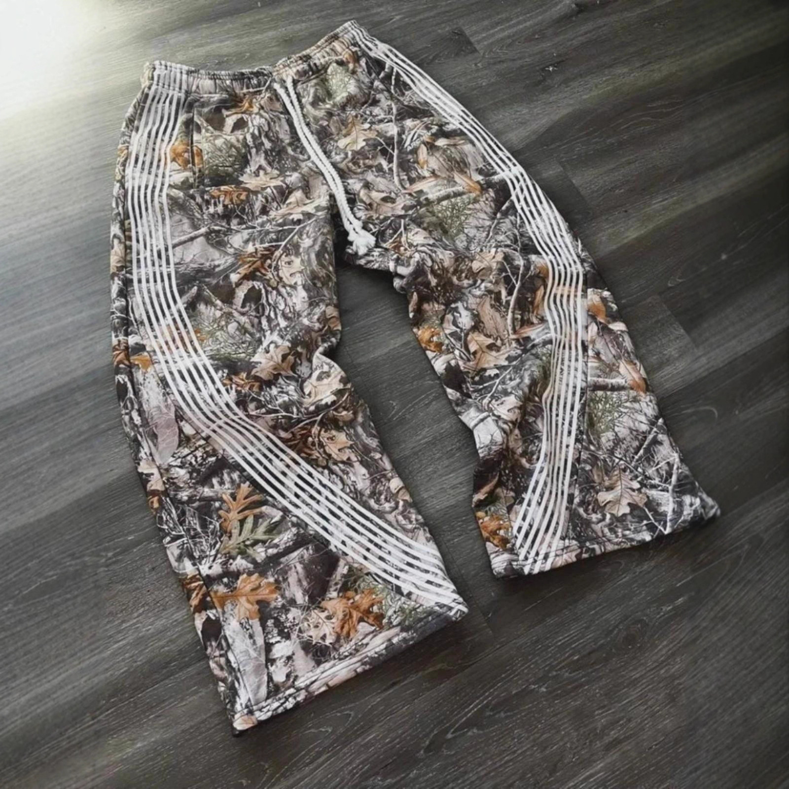 Washed High-Street Loose-Fit Leaf Camo Casual Work Trousers
