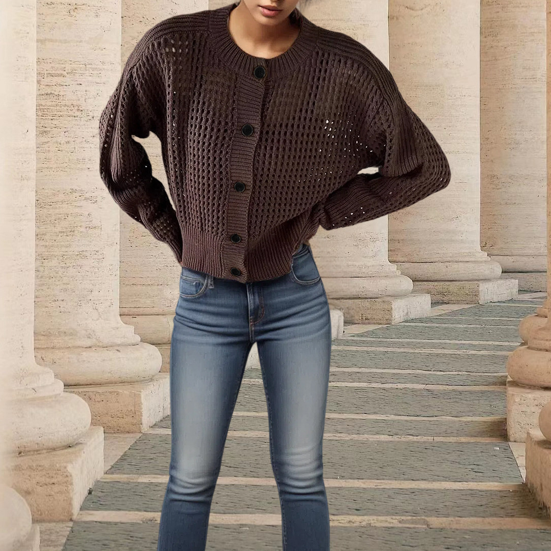 High-grade Round Neck Hollow-out Knitted Cardigan Design Sweater