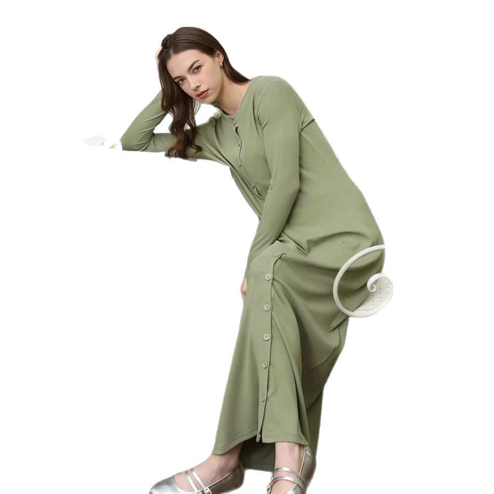 Fresh Solid Color Round-neck Long-sleeved Dress Women's Clothing Spring New Personality