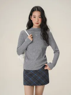 Women's Semi-high Neck Sweater Top - Shallow Flower Ash-S - View 1