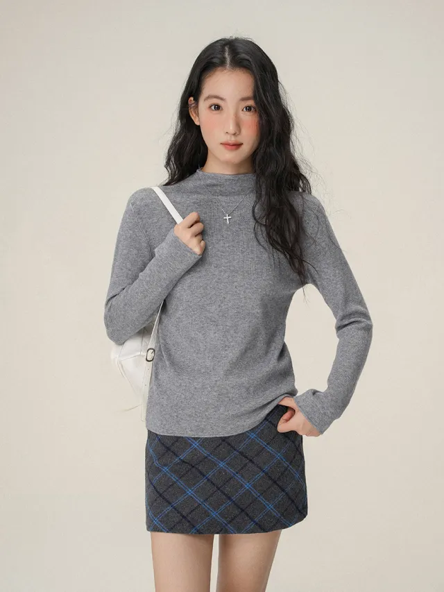 Women's Semi high Neck Sweater Top Shallow Flower Ash S - Shop at LoveMi