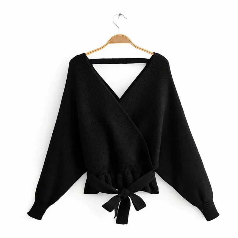 Women's Batwing Coat Knitwear V-neck Exposed Back Bandage Sweater - Red