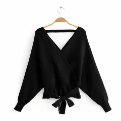 Women's Batwing Coat Knitwear V-neck Exposed Back Bandage Sweater - Red - View 1