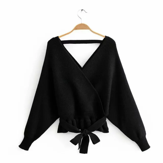 Women's Batwing Coat Knitwear V neck Exposed Back Bandage Sweater Red - Shop at LoveMi