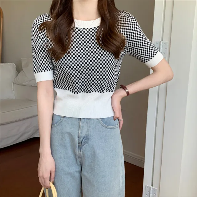 Womens Retro Plaid Color Block Short Sleeve Top White - Shop at LoveMi
