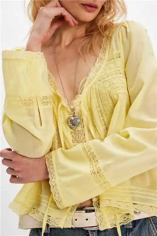 Lace U shaped Lace Collar Long Sleeve Light Shirt Yellow - Shop at LoveMi