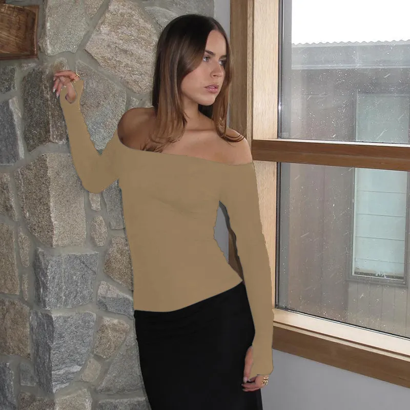 Solid Color Pullover Off-the-shoulder Long Sleeve Hollow Out - Khaki