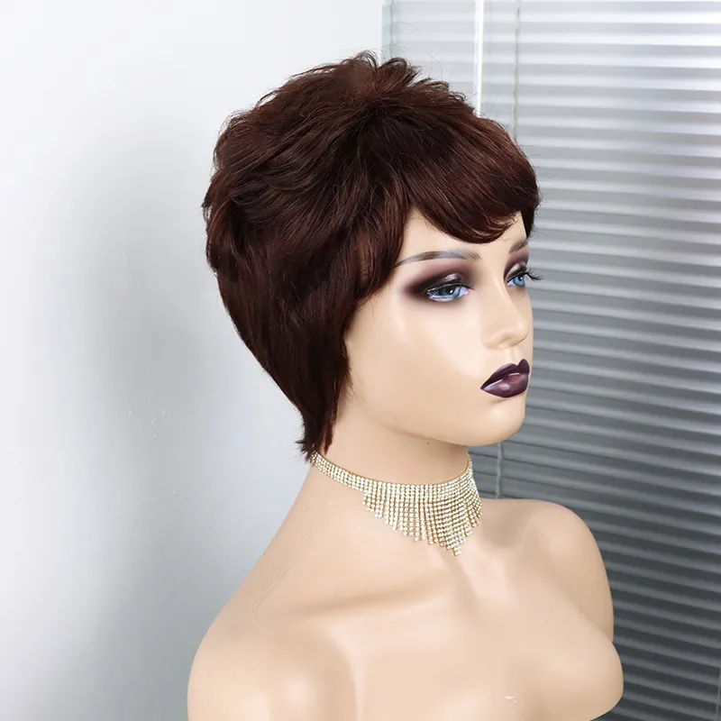 Short Wavy Pixie Cut Full Machine Made Human Hair Wigs - Maroon