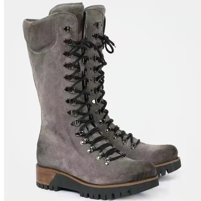New Autumn And Winter Women's Shoes Plus Size Lace Up Mid Boots Gray - Shop at LoveMi