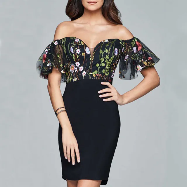 European And American Mesh Embroidery Sexy Lace up Dress Black - Shop at LoveMi