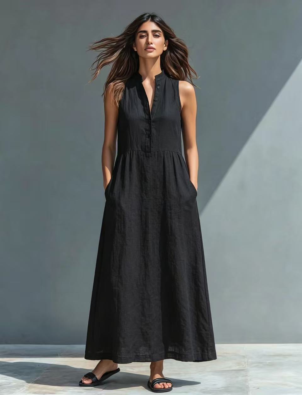 Women's Sleeveless A-Line Maxi Dress in Black – elegant floor length resort dress