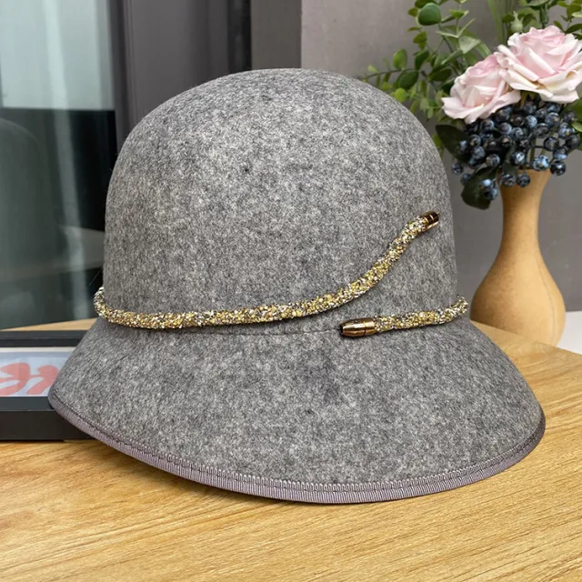 Simple Belt Decoration Bucket Female Autumn And Winter Fashion All matching Wool Top Hat Gray - Shop at LoveMi