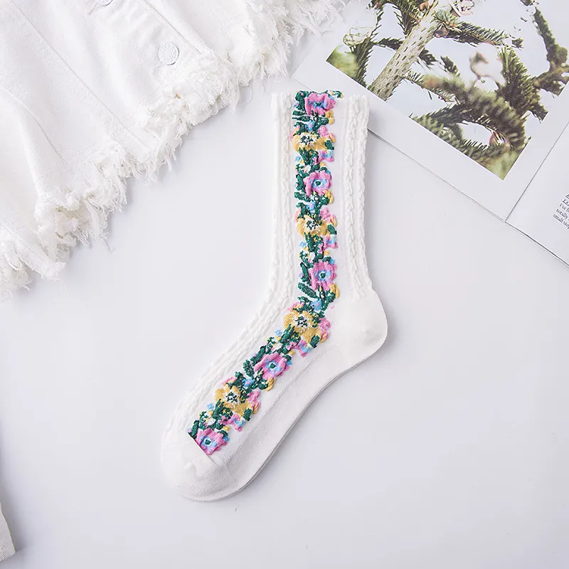 Autumn And Winter New Cotton Retro Hemp Pattern Women's Mid-calf Length Sock Stockings - White