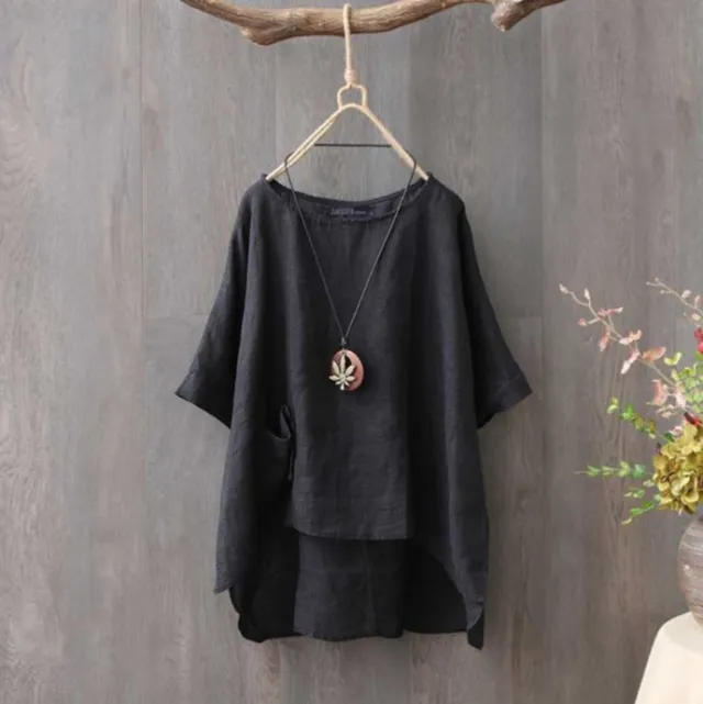 Summer Fashion Plus Size Round Neck Pocket Solid Color Irregular T shirt Women Blouse Black - Shop at LoveMi