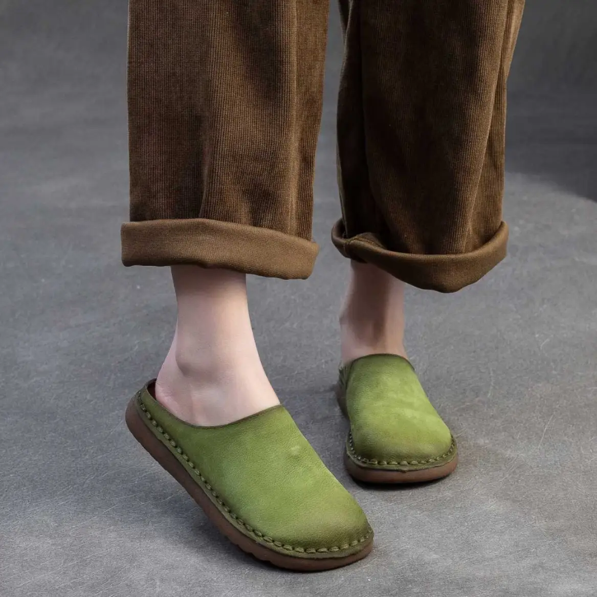 Genuine Leather Retro Wrap-around Lazy Slippers
