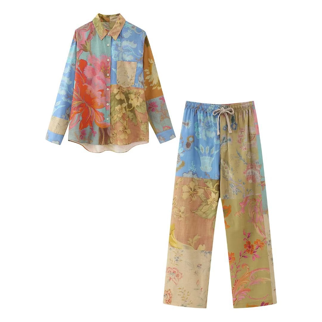 Stitching Printing Shirt Patchwork Pajamas Style Bell-bottom Pants