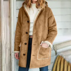 Solid Color Retro Suede Hooded Coat Autumn And Winter Women's Long Sleeve Pocket Loose Sweater - Khaki - View 1