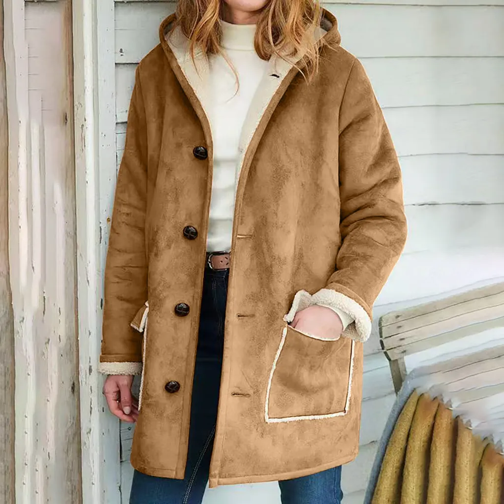 Solid Color Retro Suede Hooded Coat Autumn And Winter Women's Long Sleeve Pocket Loose Sweater - Khaki