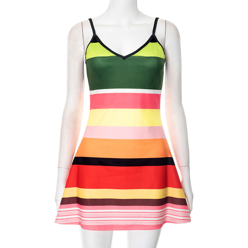 European And American Contrast Color V neck Brace Sexy Print Dress Stripes - Shop at LoveMi