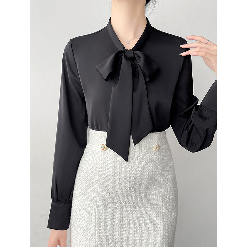 High-grade Satin Professional Commute Bow Shirt With Ribbon Women - Image 5