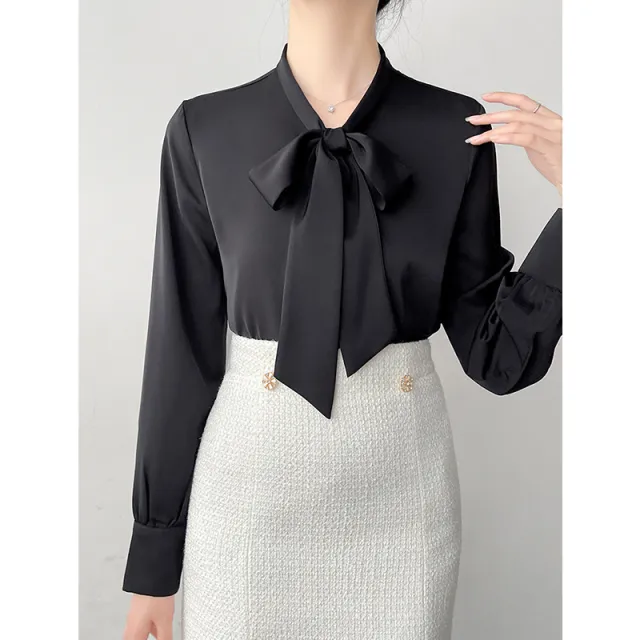 High grade Satin Professional Commute Bow Shirt With Ribbon Women Black - Shop at LoveMi