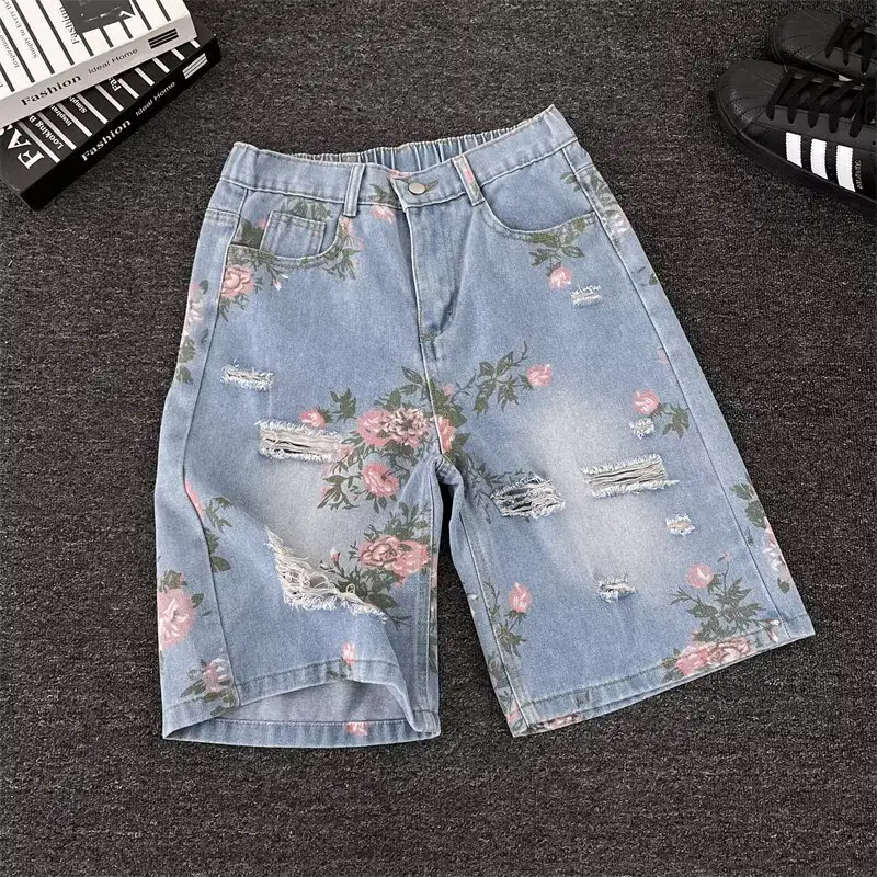 Summer Retro Floral Print Ripped Denim Shorts