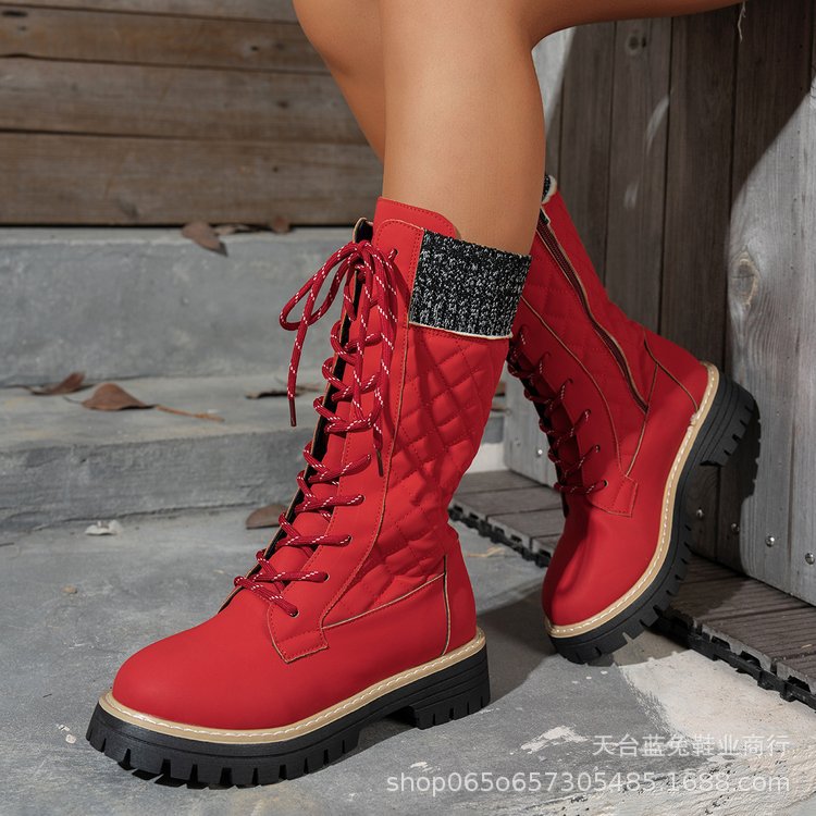 Check The Color-matched Front-lace-up Thick-heeled Martin Boots - Image 7