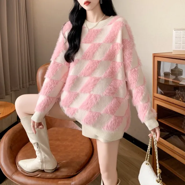 Design Rhombus Flocking Crew Neck Pullover Sweater Women Pink - Shop at LoveMi
