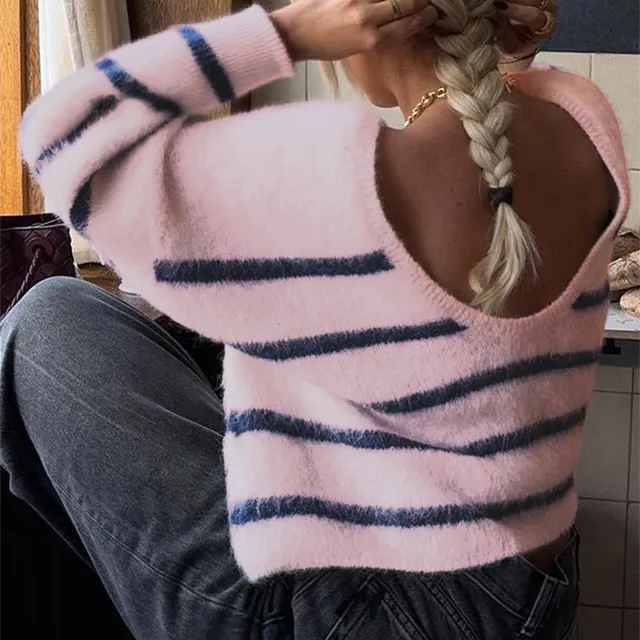 European And American Casual Striped Knitted Long sleeved Top Pink Blue - Shop at LoveMi