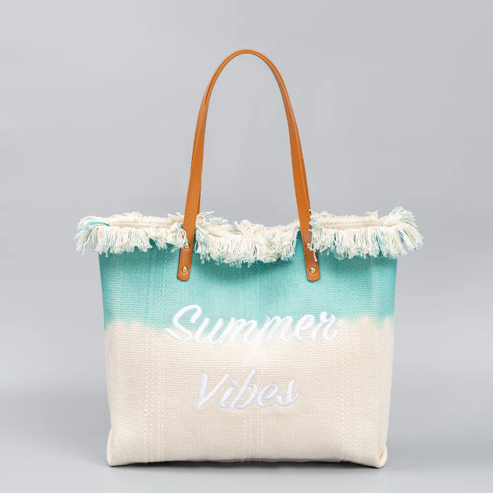 Embroidered Tote Tassel Canvas Bag Magnetic Bag Underarm Summer - Blue