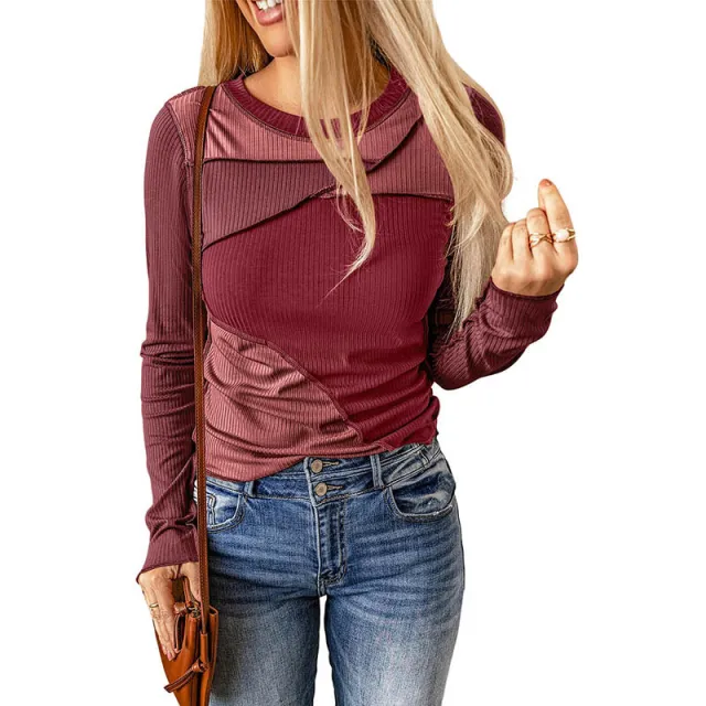 Women's Slim fit Pullover Thin Color Matching Knitted Sweater Red - Shop at LoveMi