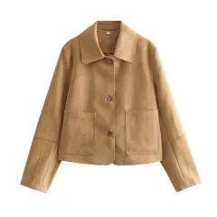 Fashionable All-match Single-breasted Pocket Square Collar Suede Top - Camel - View 1