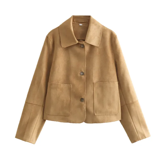 Fashionable All match Single breasted Pocket Square Collar Suede Top Camel - Shop at LoveMi