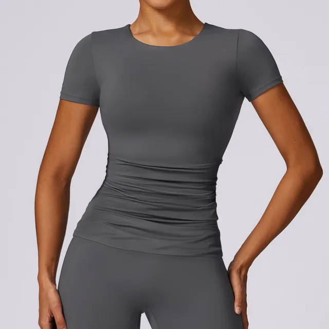 Breathable Tight Yoga Short Sleeve Blouse T shirt Gray - Shop at LoveMi