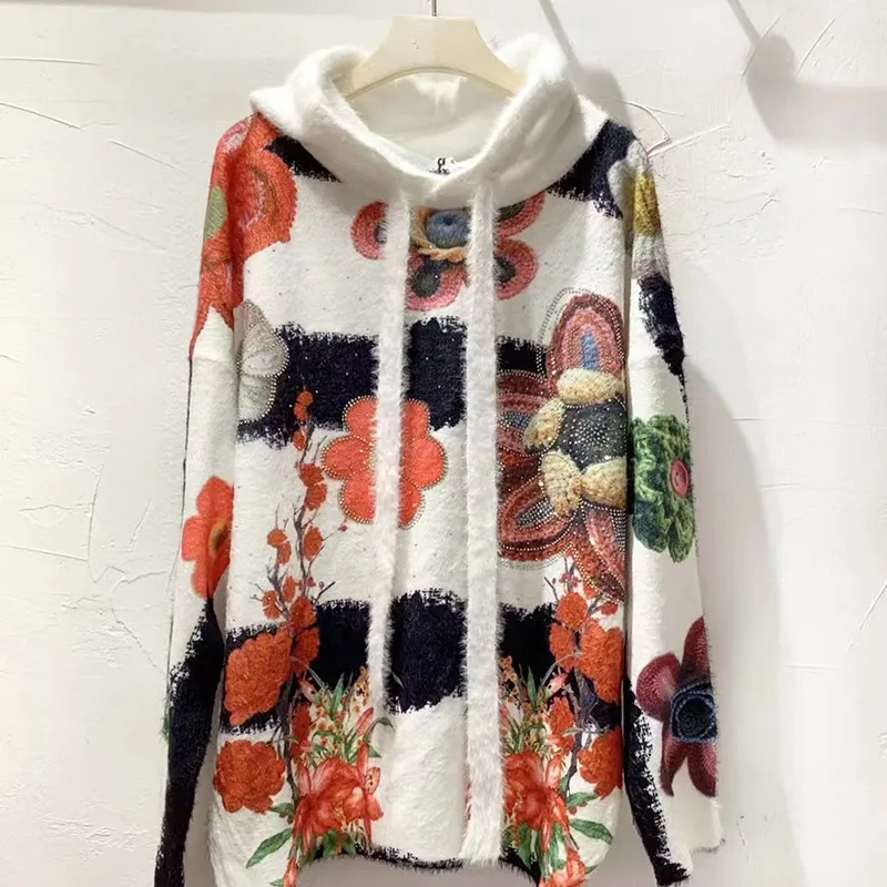 Goods Exquisite Rhinestone Rich Flower Hooded Sweater - Hooded-Free Size