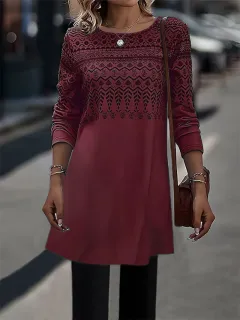 Women's Fashionable Printed Long-sleeved Mid-length Knitted Top - Red - View 1