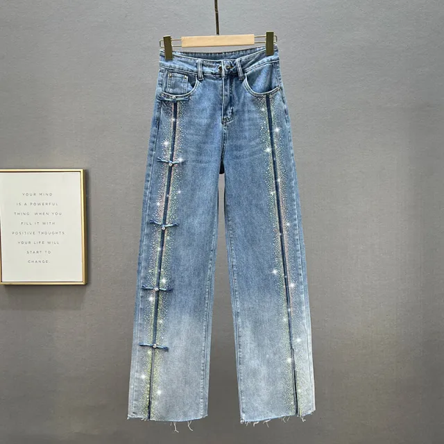 Rhinestone Denim Wide leg Pants Blue 631 Models - Shop at LoveMi