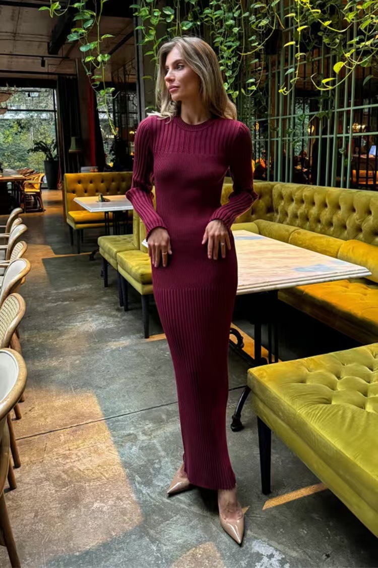 Autumn And Winter Women's Knitted Round Neck Sunken Stripe Pure Color Tight Dress Red - Shop at LoveMi