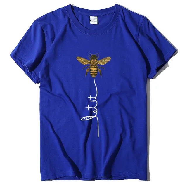 Bee And Letter Print Pattern Women's Loose T shirt Colorful Blue - Shop at LoveMi