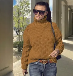 Loose Cable-knit Solid Colour Turtleneck Sweater For Women - Turmeric-Xxl - View 1
