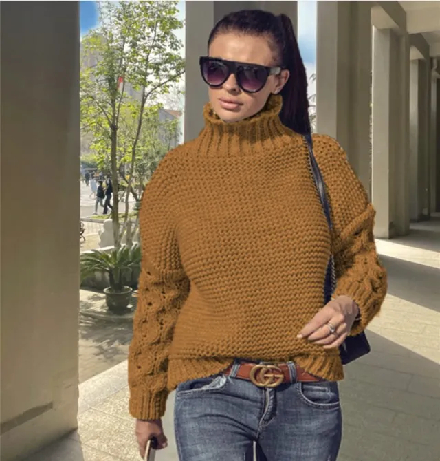 Loose Cable knit Solid Color Turtleneck Sweater For Women Turmeric Xxl - Shop at LoveMi