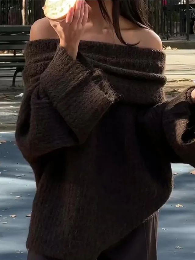 Fashionable Off shoulder Maillard Sweater Brown - Shop at LoveMi